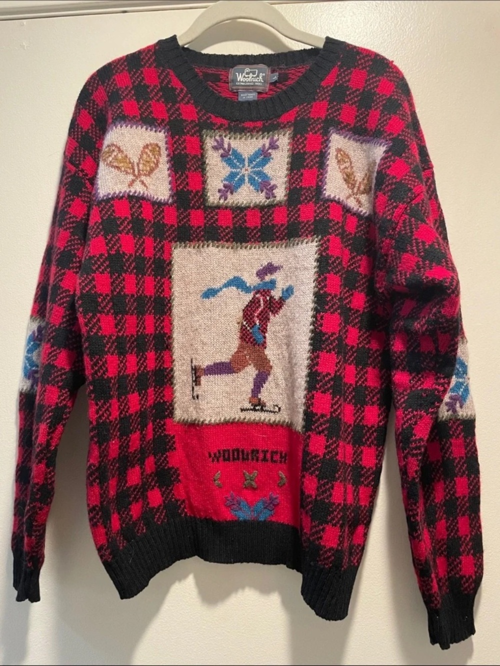 Vintage Woolrich Red Black Buffalo Plaid Ice Skater Sweater